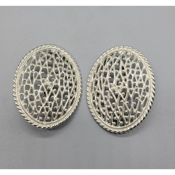 Vintage Silver Tone Oval Emmons Clip On Earrings E1 - Picture 1 of 5
